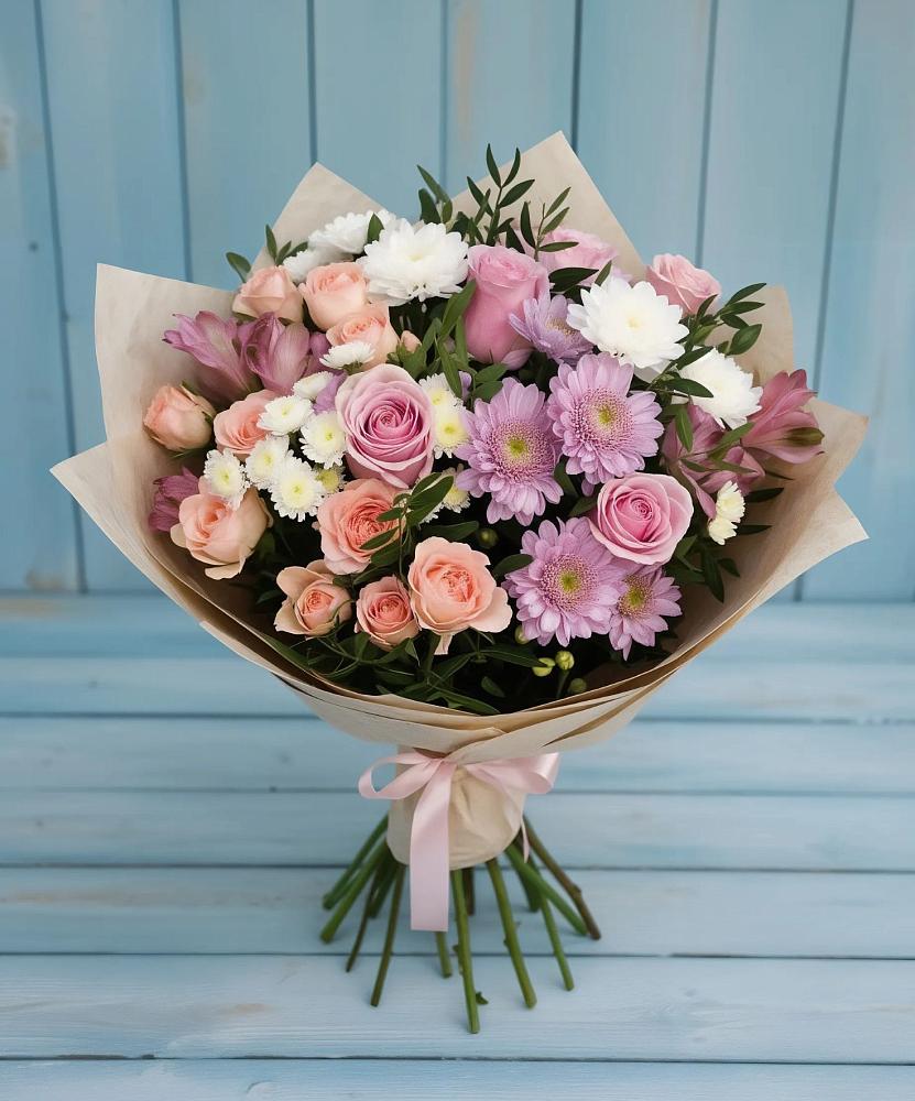 Букет цветов из: Хризантемы, Розы и Альстромерии в Сельце