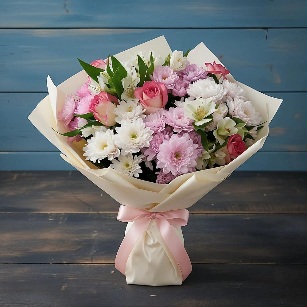 Букет цветов из: Хризантемы, Альстромерии и Розы в Сельце